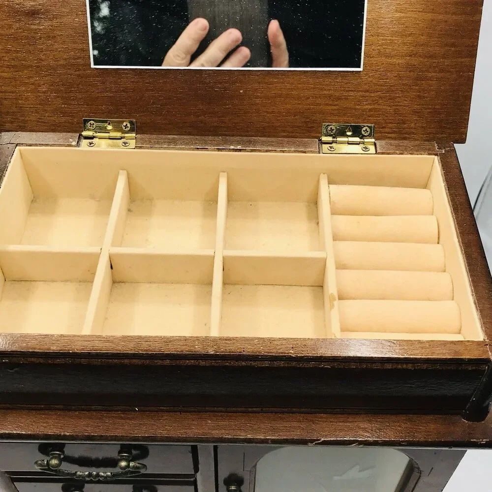 Vintage Wooden Jewelry Box Armoire Etched Glass, Wheel, 4 Drawers, 12.5x10x5 In